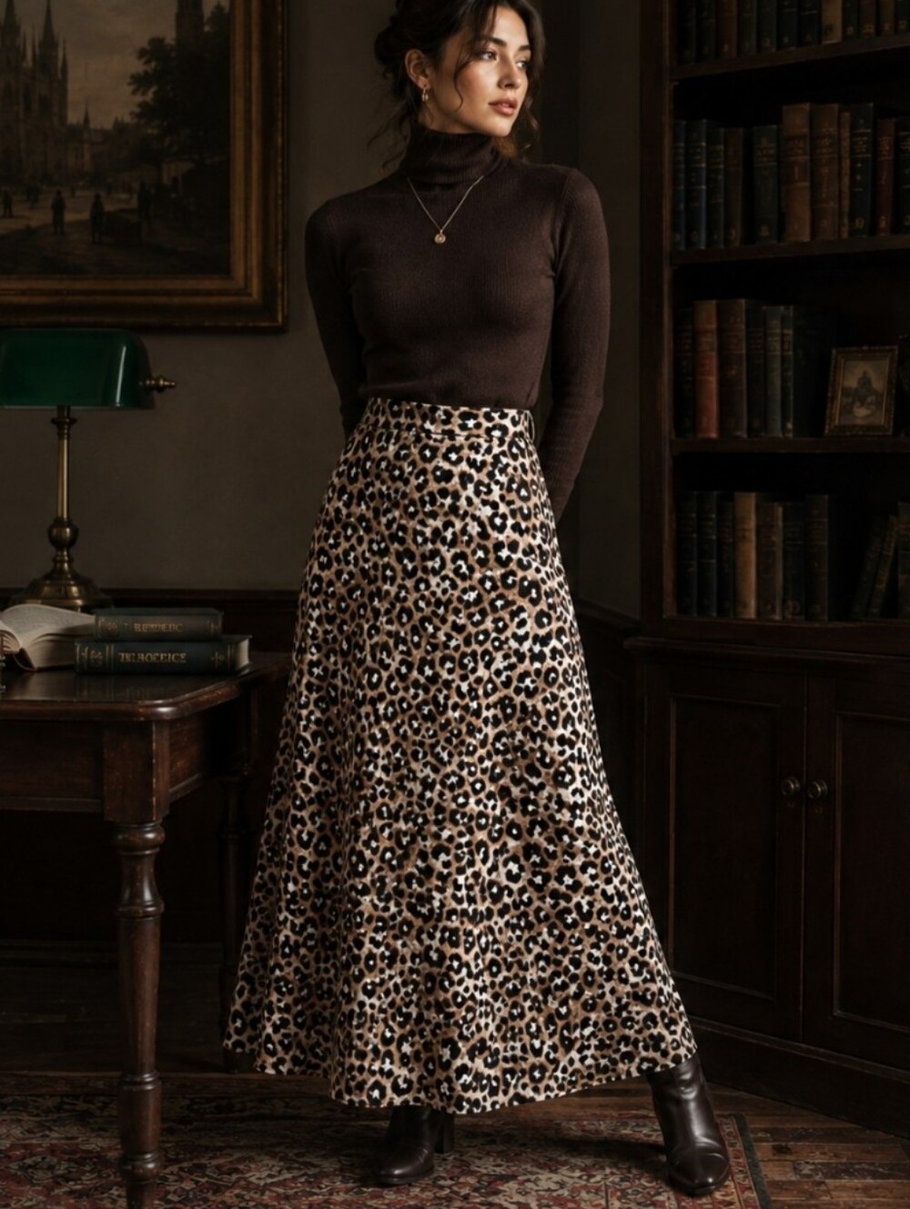 Womens Leopard Print A-Line Button Details Maxi Skirt Size S Academia Y2K Boho